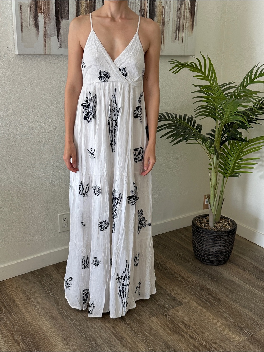 Lulu's White Maxi Dress with Black Floral Print and Spaghetti Straps